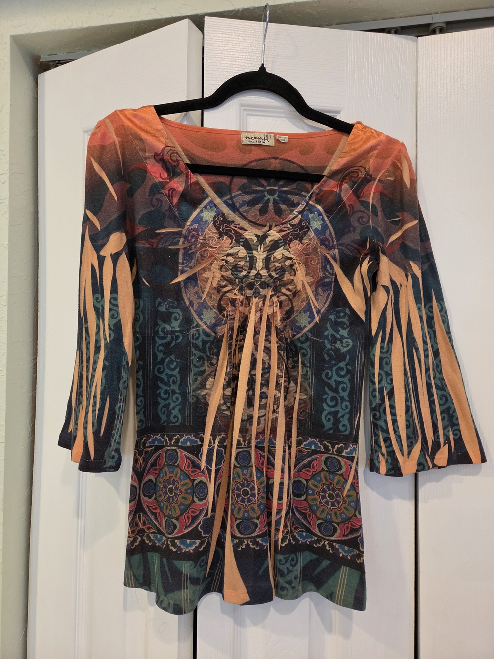Vintage y2k Boho Printed V-Neck Top in Orange and Multi